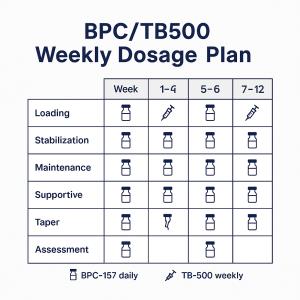 1:1 graphic showing a 12-week BPC/TB500 schedule grid with icons for daily BPC-157 and weekly TB-500.