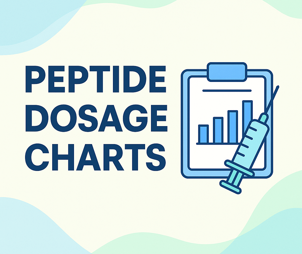 Flat-style digital illustration with the title “How to Read and Apply a Peptide Dosage Chart” alongside a bar chart, calendar icon, and syringe, on a pastel blue and green background.