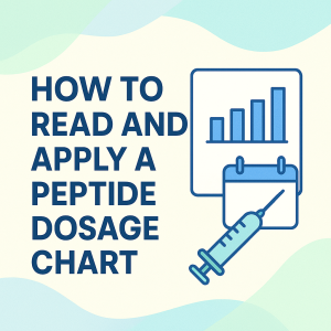 Flat-style digital illustration with the title “How to Read and Apply a Peptide Dosage Chart” alongside a bar chart, calendar icon, and syringe, on a pastel blue and green background.