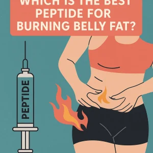 Flat-style illustration of a woman pinching abdominal fat with flame icons over her belly and hip, next to a syringe labeled “PEPTIDE,” under the headline “Which Is the Best Peptide for Burning Belly Fat?”