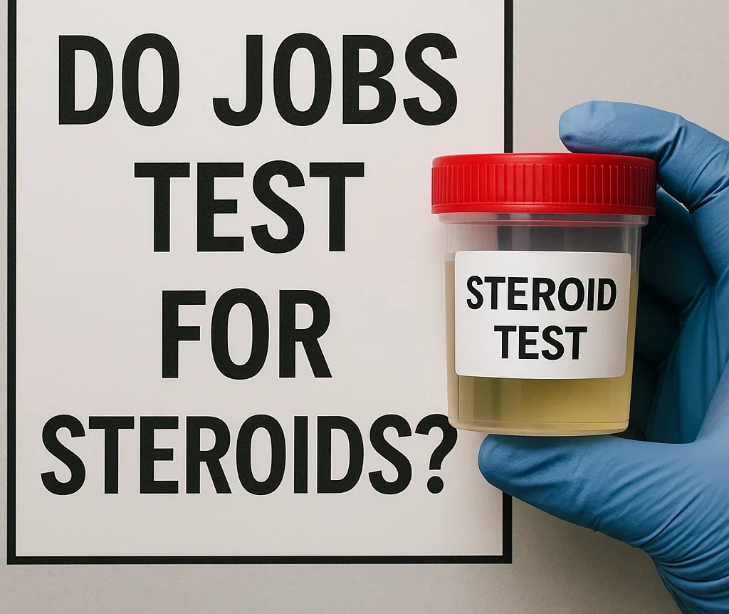 Gloved hand holding a urine sample cup labeled “Steroid Test” beside bold text reading “Do Jobs Test for Steroids?”