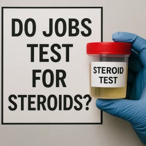 Gloved hand holding a urine sample cup labeled “Steroid Test” beside bold text reading “Do Jobs Test for Steroids?”