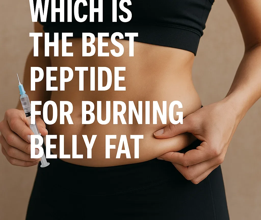 Close-up photo of a woman in athletic wear pinching belly fat while holding a small syringe, with the overlaid title “Which Is the Best Peptide for Burning Belly Fat.”