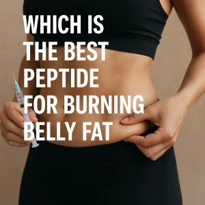 Close-up photo of a woman in athletic wear pinching belly fat while holding a small syringe, with the overlaid title “Which Is the Best Peptide for Burning Belly Fat.”