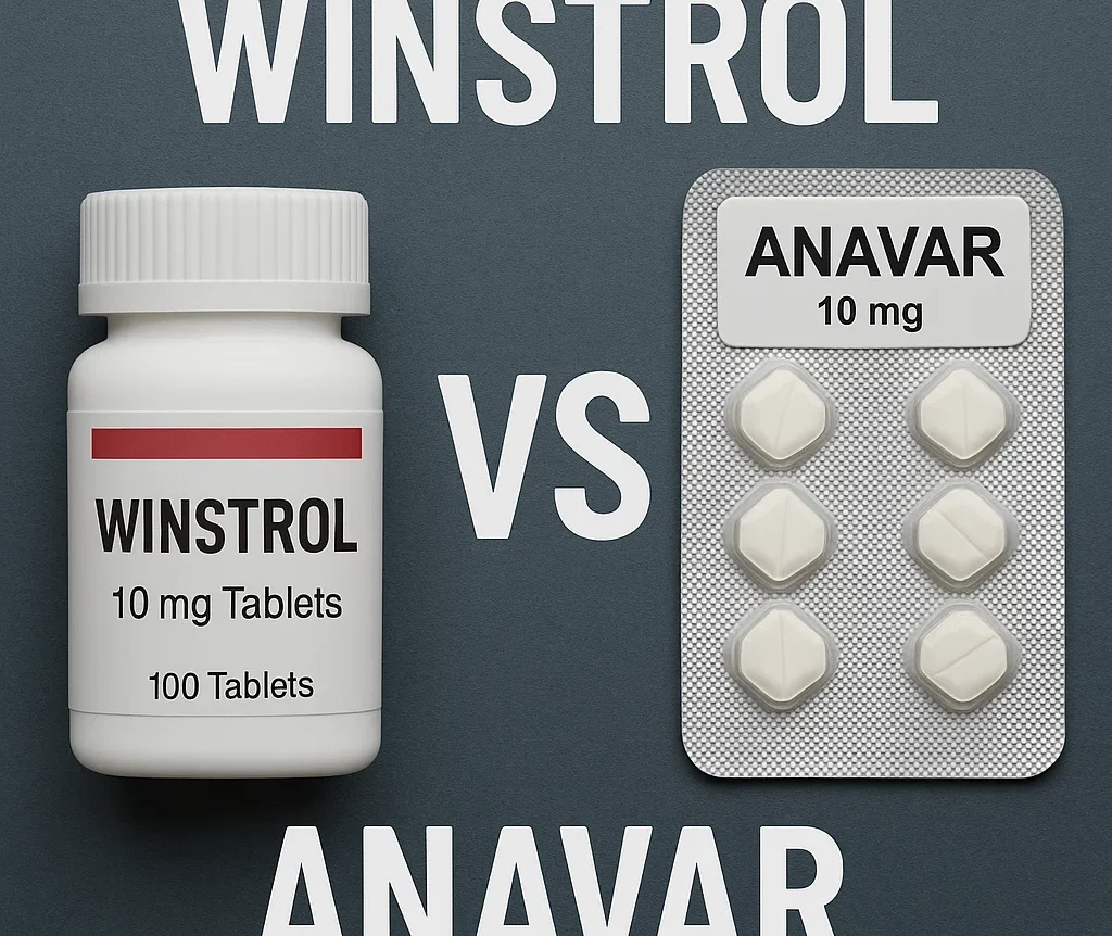 Bottle labeled “Winstrol 10 mg Tablets” beside a blister pack labeled “Anavar 10 mg,” with large text reading “Winstrol vs Anavar.”