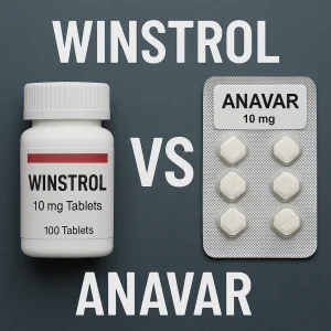 Bottle labeled “Winstrol 10 mg Tablets” beside a blister pack labeled “Anavar 10 mg,” with large text reading “Winstrol vs Anavar.”