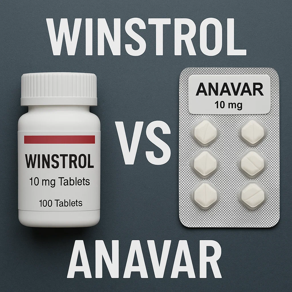 Bottle labeled “Winstrol 10 mg Tablets” beside a blister pack labeled “Anavar 10 mg,” with large text reading “Winstrol vs Anavar.”