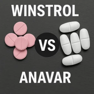Pink round tablets on the left and white oblong tablets on the right with “Winstrol vs Anavar” text over a dark background.