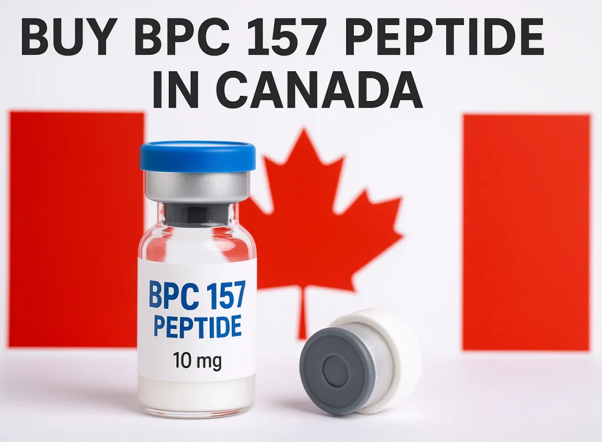 Vial labeled “BPC 157 Peptide 10 mg” in front of the Canadian flag with headline “Buy BPC 157 Peptide in Canada.”