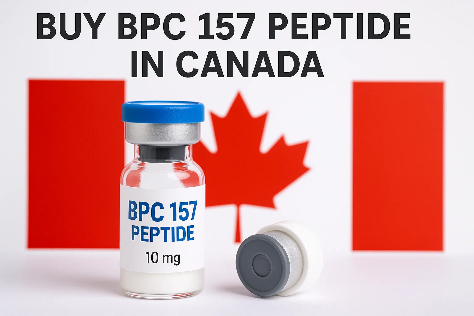 Vial labeled “BPC 157 Peptide 10 mg” in front of the Canadian flag with headline “Buy BPC 157 Peptide in Canada.”
