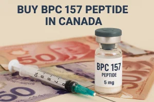 Vial labeled “BPC 157 Peptide 5 mg” beside a syringe placed on Canadian banknotes with the title “Buy BPC 157 Peptide in Canada.”