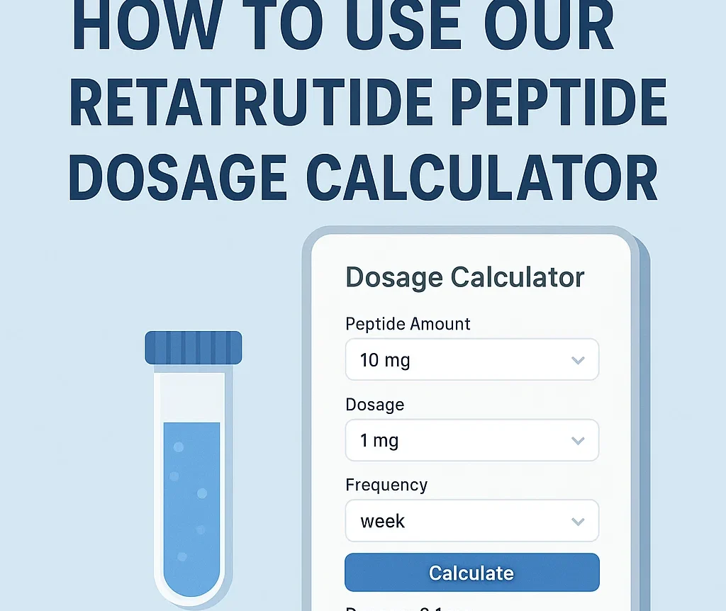 Illustration with the headline “How to Use Our Retatrutide Peptide Dosage Calculator,” showing a test tube and a calculator card with fields for peptide amount, dosage, and frequency.