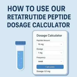 Illustration with the headline “How to Use Our Retatrutide Peptide Dosage Calculator,” showing a test tube and a calculator card with fields for peptide amount, dosage, and frequency.
