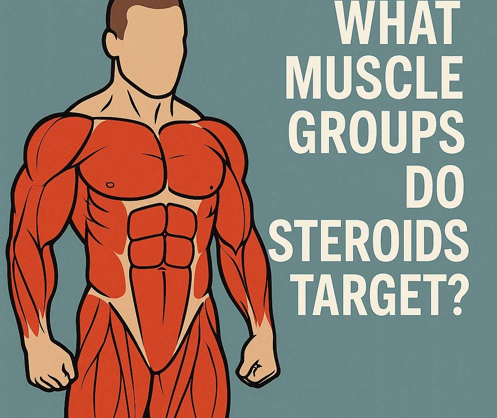 Anatomical-style illustration of a male body with visible red muscle groups and the text “What Muscle Groups Do Steroids Target?” on a teal background.