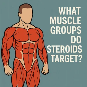 Anatomical-style illustration of a male body with visible red muscle groups and the text “What Muscle Groups Do Steroids Target?” on a teal background.