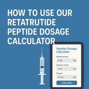 Dark-blue illustration with a syringe and a tablet screen titled “Peptide Dosage Calculator,” showing fields for peptide amount (5 mg), solution volume (2 mL), and dosage (0.1 mg).