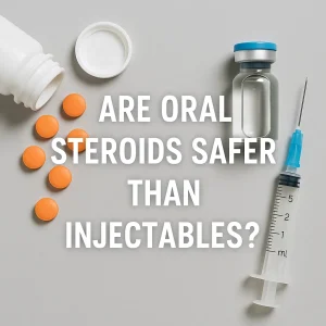 Orange steroid tablets, a vial, and a syringe arranged neatly on a light surface with text asking if oral steroids are safer than injectables.