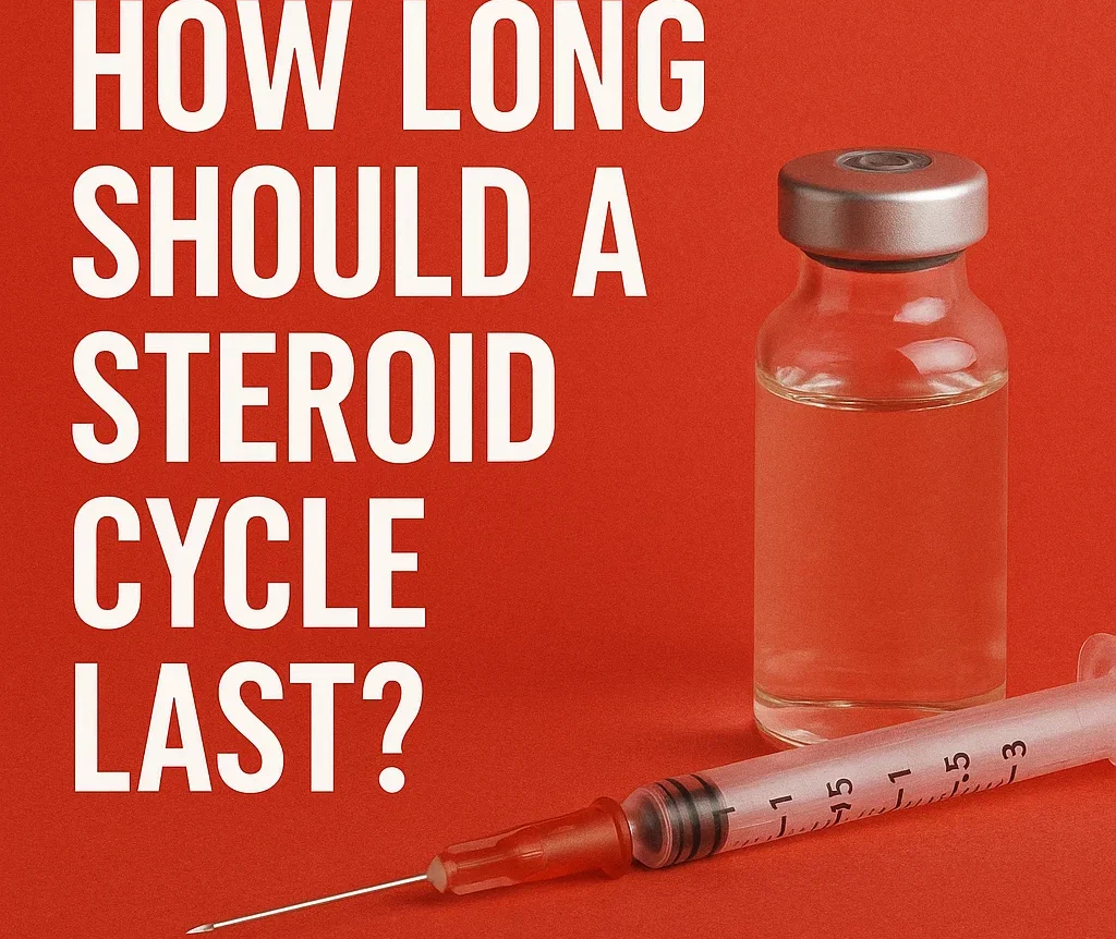 Clear vial and syringe on a red background with the text “How Long Should a Steroid Cycle Last?”