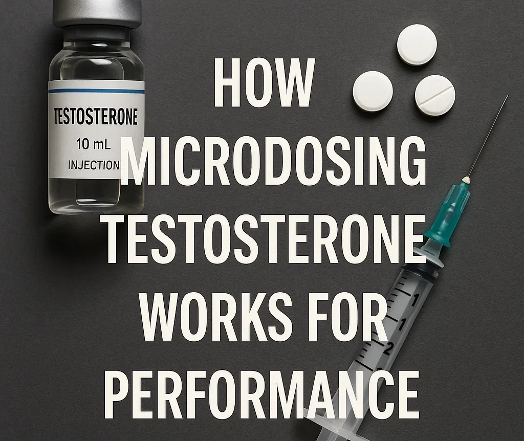 Vial of testosterone, white tablets, and syringe arranged beside text saying “How Microdosing Testosterone Works for Performance.”