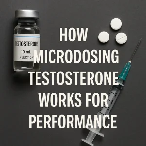 Vial of testosterone, white tablets, and syringe arranged beside text saying “How Microdosing Testosterone Works for Performance.”