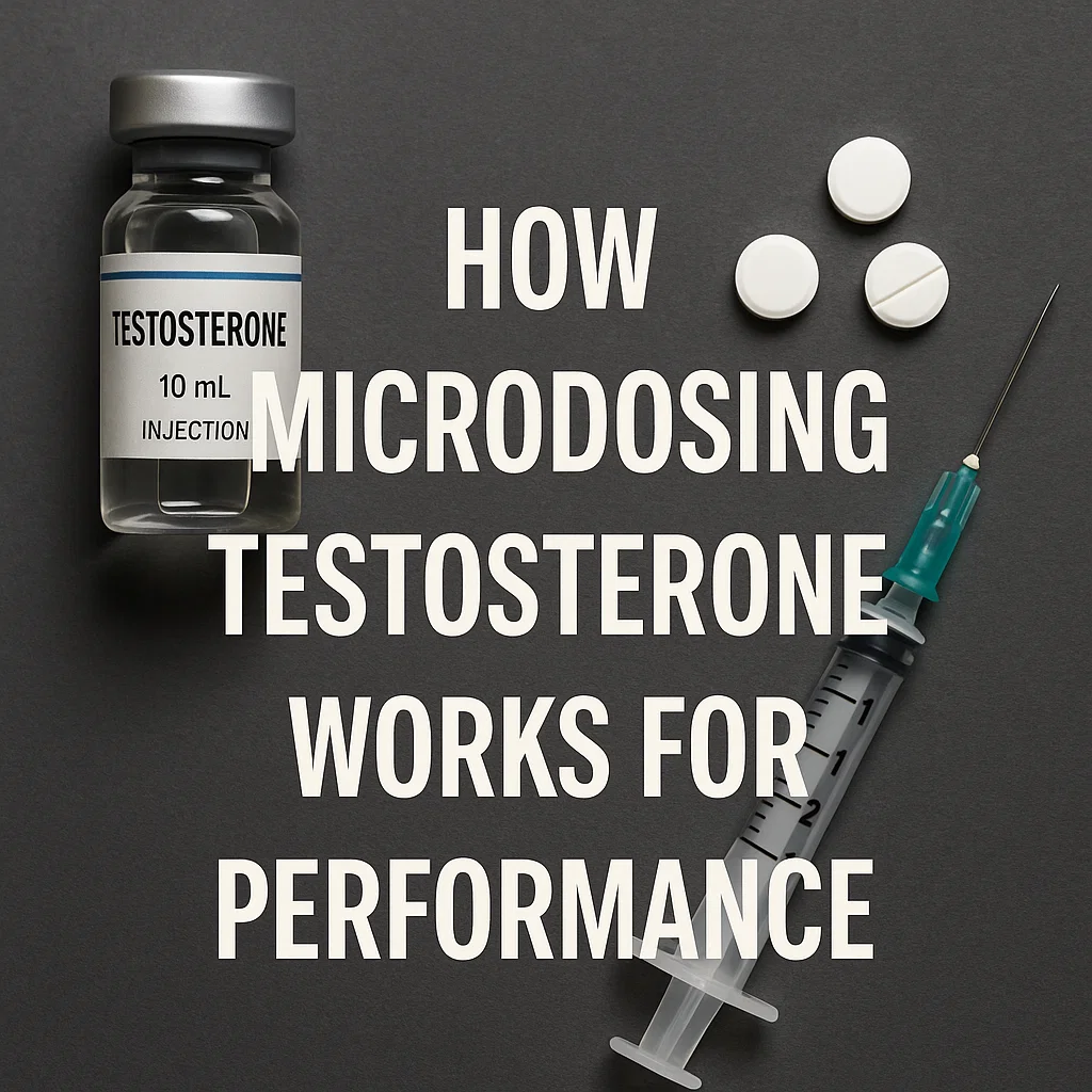 Vial of testosterone, white tablets, and syringe arranged beside text saying “How Microdosing Testosterone Works for Performance.”