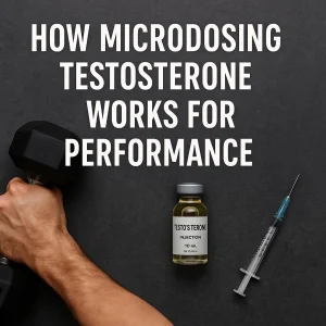 Hand holding a dumbbell next to a testosterone vial and syringe with the title “How Microdosing Testosterone Works for Performance.”