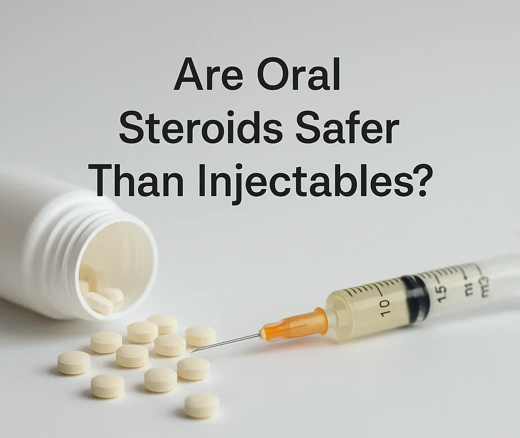 White tablets spilled from a bottle next to a syringe on a plain surface, representing oral versus injectable steroids.