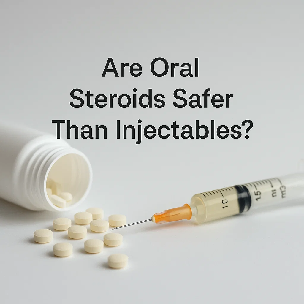 White tablets spilled from a bottle next to a syringe on a plain surface, representing oral versus injectable steroids.