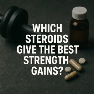 Capsules, tablets, and a vial next to a dumbbell with the text “Which Steroids Give the Best Strength Gains?”