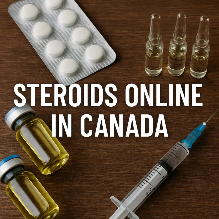 Steroid vials, ampoules, tablets, and a syringe on a wooden table with text reading “Steroids Online in Canada.”
