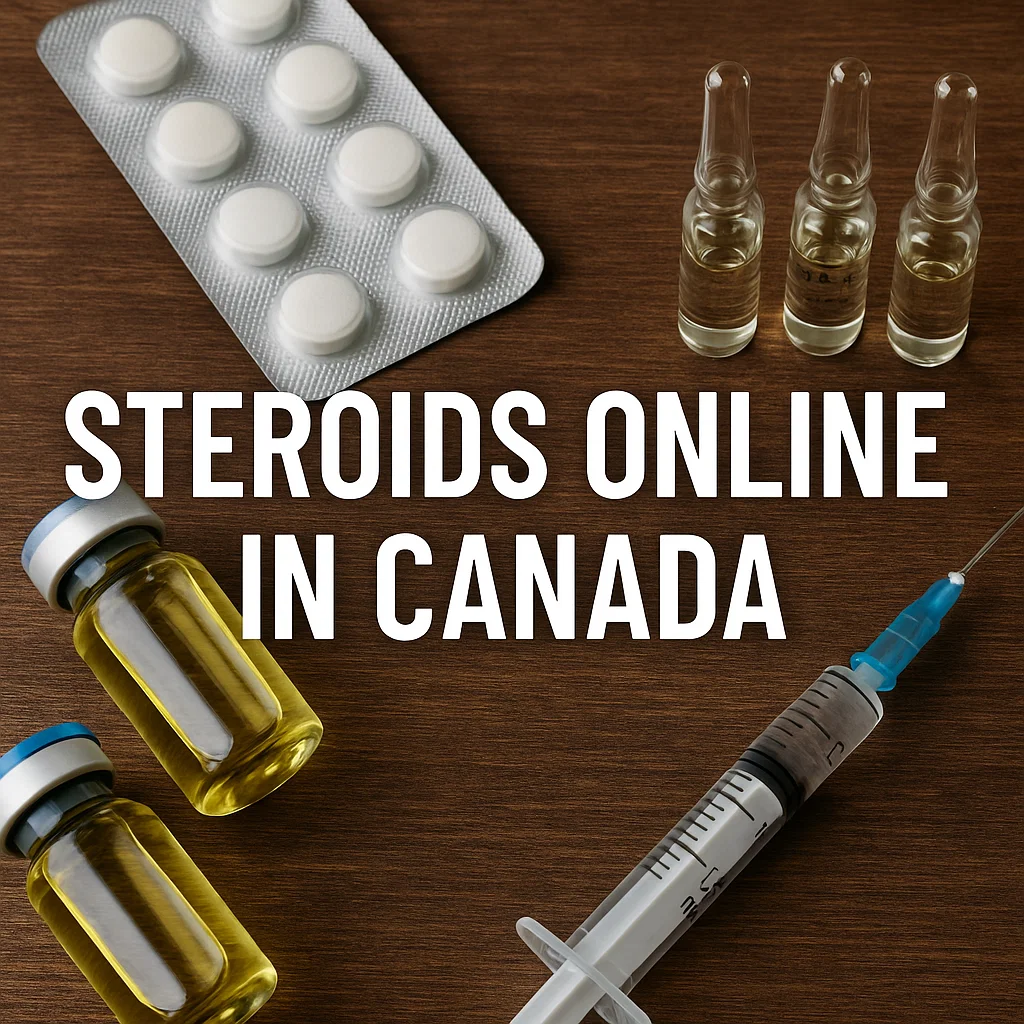 Steroid vials, ampoules, tablets, and a syringe on a wooden table with text reading “Steroids Online in Canada.”