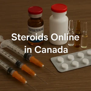 Bottles labeled testosterone, ampoules, syringes, and white tablets on a table with text saying “Steroids Online in Canada.”