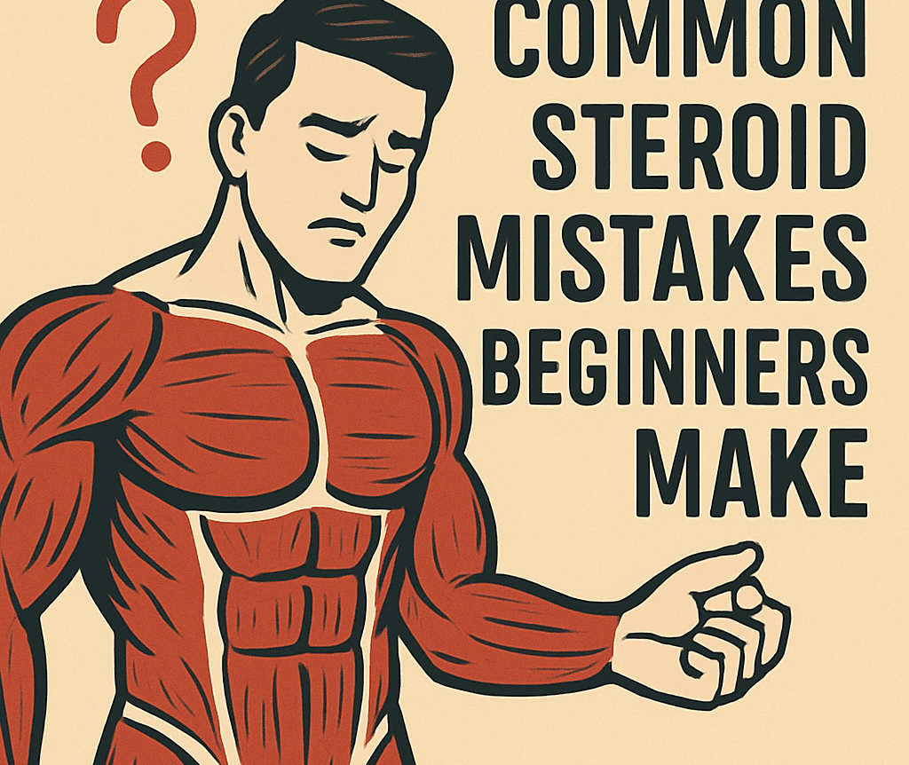 Cartoon bodybuilder looking confused with the text Common Steroid Mistakes Beginners Make