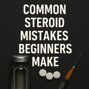 Steroid vial and syringe under bold text Common Steroid Mistakes Beginners Make