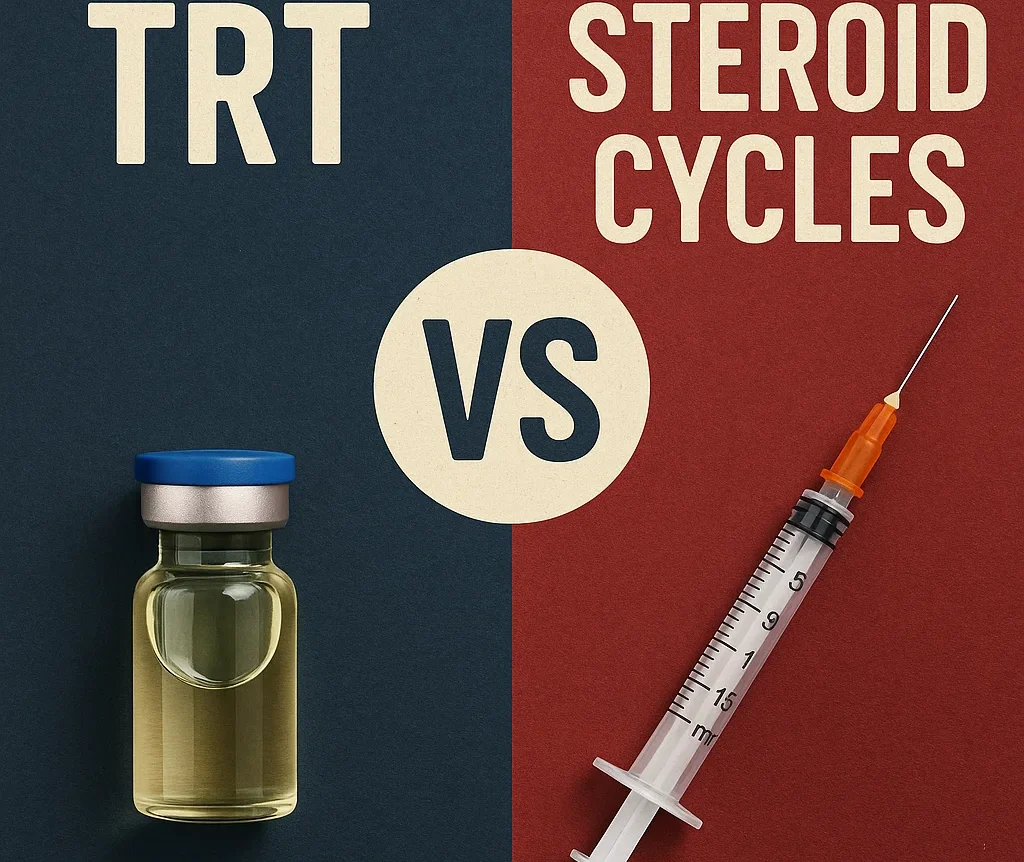 TRT vs steroid cycles comparison showing testosterone vial and syringe on one side and injectable steroid cycle on the other