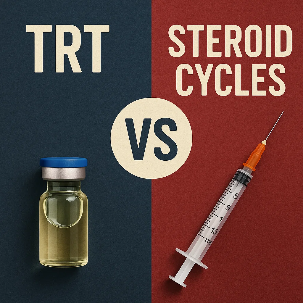 TRT vs steroid cycles comparison showing testosterone vial and syringe on one side and injectable steroid cycle on the other