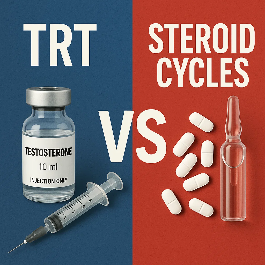 TRT versus steroid cycles with testosterone injection, pills, and ampoules displayed side by side