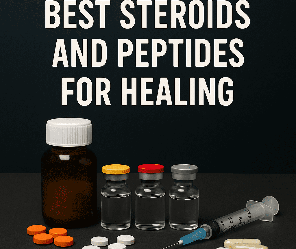Vials of steroids and peptides with tablets and a syringe arranged under a title saying Best Steroids and Peptides for Healing.