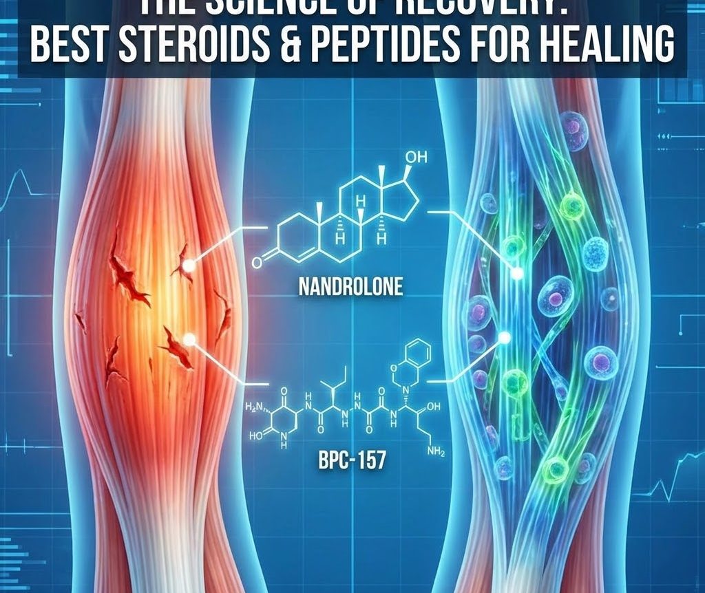 Medical illustration showing damaged muscle tissue being repaired, overlaid with chemical structures of Nandrolone and BPC-157.