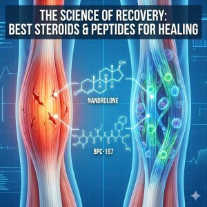 Medical illustration showing damaged muscle tissue being repaired, overlaid with chemical structures of Nandrolone and BPC-157.
