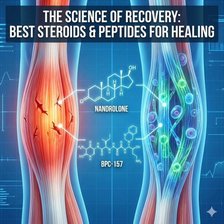 Medical illustration showing damaged muscle tissue being repaired, overlaid with chemical structures of Nandrolone and BPC-157.