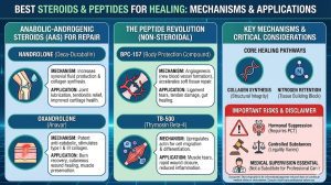 Infographic comparing the healing mechanisms of steroids like Nandrolone and Oxandrolone versus peptides like BPC-157 and TB-500.