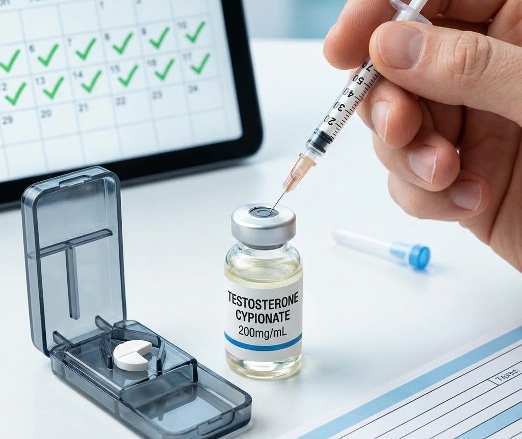 Close-up of a person drawing Testosterone Cypionate into a syringe next to a calendar with daily checkmarks and a pill organizer.