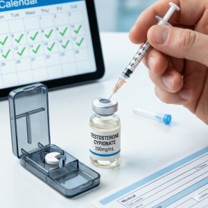 Close-up of a person drawing Testosterone Cypionate into a syringe next to a calendar with daily checkmarks and a pill organizer.