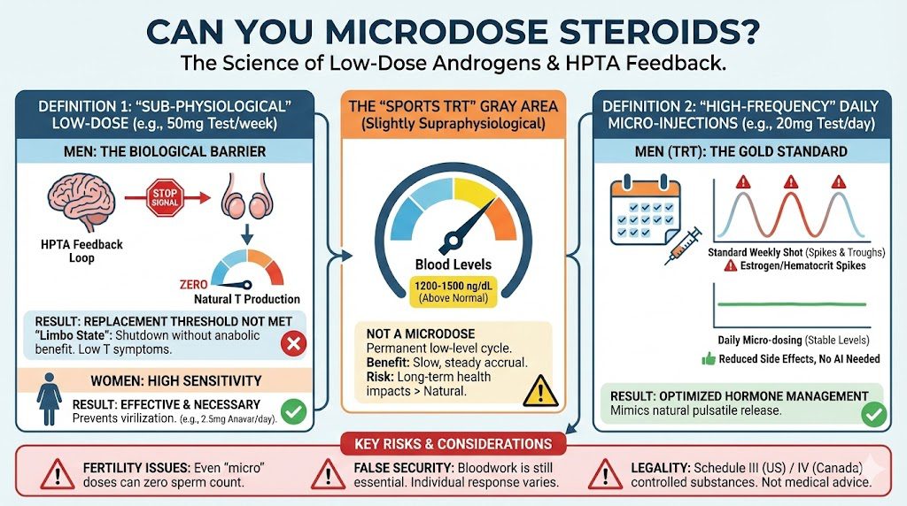 Infographic titled "Can You Microdose Steroids?" comparing two definitions: "Sub-Physiological Low-Dose" (showing HPTA shutdown) and "High-Frequency Daily Micro-Injections" (showing stable blood levels on a graph).