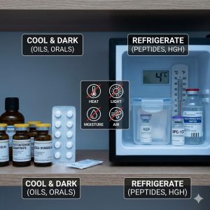 Split-screen illustration showing a shelf with steroid vials labeled "Cool & Dark (Oils, Orals)" on the left, and an open mini-fridge with peptide vials labeled "Refrigerate (Peptides, HGH)" on the right, separated by warning icons for heat and light.