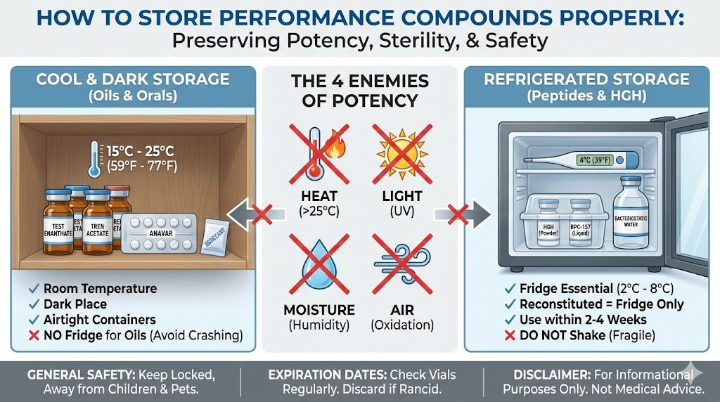 Infographic titled "How To Store Performance Compounds Properly" displaying three sections: a wooden cabinet for oils and orals labeled "Cool & Dark Storage (15°C - 25°C)," a central warning section listing "Heat, Light, Moisture, Air" as enemies of potency, and a refrigerator section for Peptides and HGH labeled "Refrigerated Storage (2°C - 8°C)".