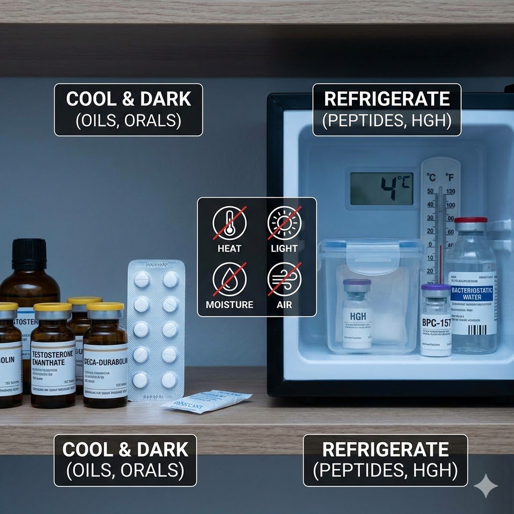 Split-screen illustration showing a shelf with steroid vials labeled "Cool & Dark (Oils, Orals)" on the left, and an open mini-fridge with peptide vials labeled "Refrigerate (Peptides, HGH)" on the right, separated by warning icons for heat and light.