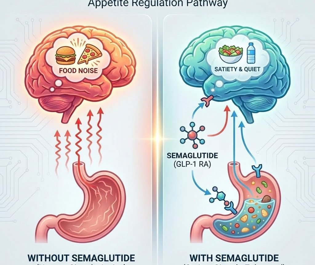 : Split-screen illustration titled "The Semaglutide Effect" comparing a brain experiencing "Food Noise" and hunger signals on the left against a brain experiencing "Satiety & Quiet" on the right due to GLP-1 receptor activation.
