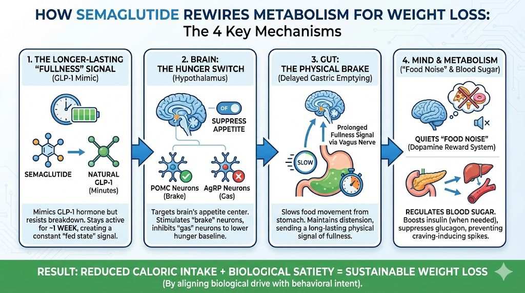 Infographic titled "How Semaglutide Rewires Metabolism for Weight Loss" displaying four panels: the longer-lasting GLP-1 mimic effect, the suppression of the brain's hunger switch, the delayed gastric emptying in the gut, and the reduction of "food noise" and blood sugar regulation.